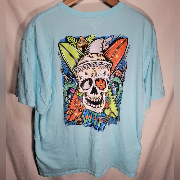 WTF What the fin 3XL Skull, sharks, and Surfboards on light blue. In great shape - Picture 4 of 5